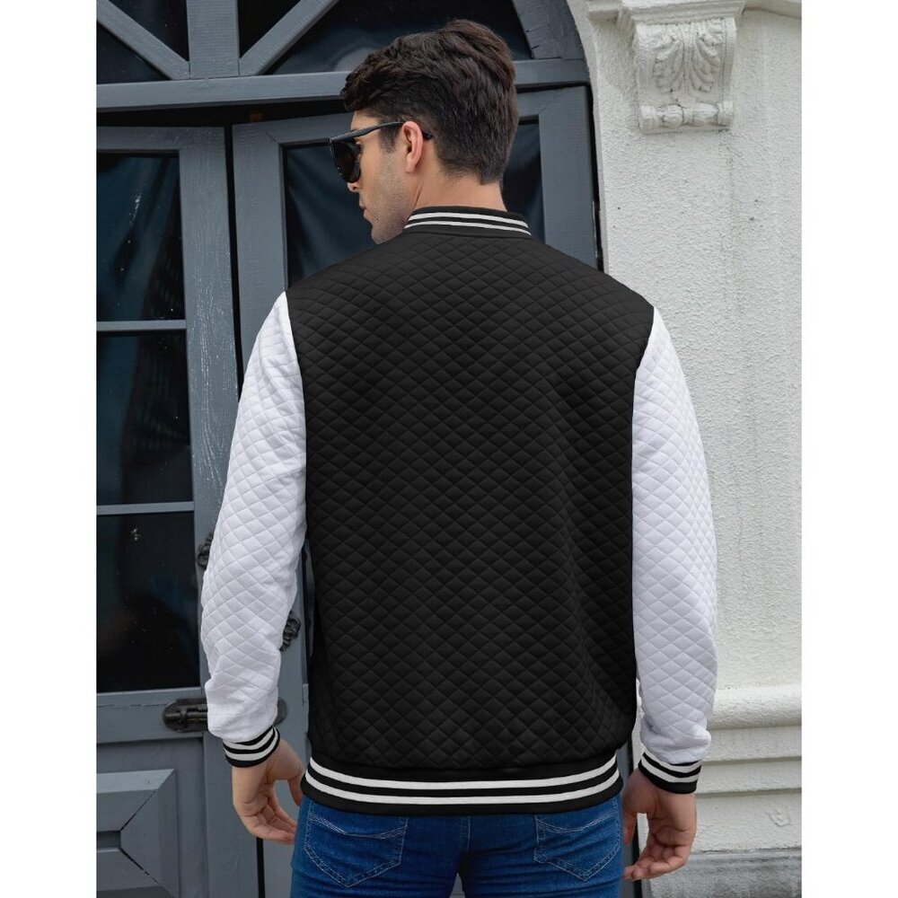 Men's Black/White Varsity Bomber Jacket Lightweight Causal Cuffs Pockets Style - Picture 3 of 6